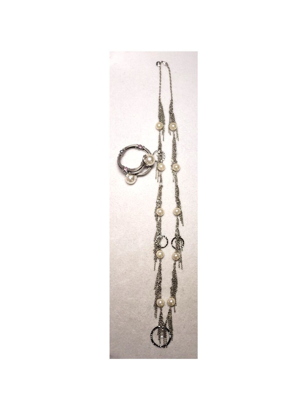 Faux Pearl Fringe Silvertone Chain Long Necklace & Adjustable Bracelet Boho